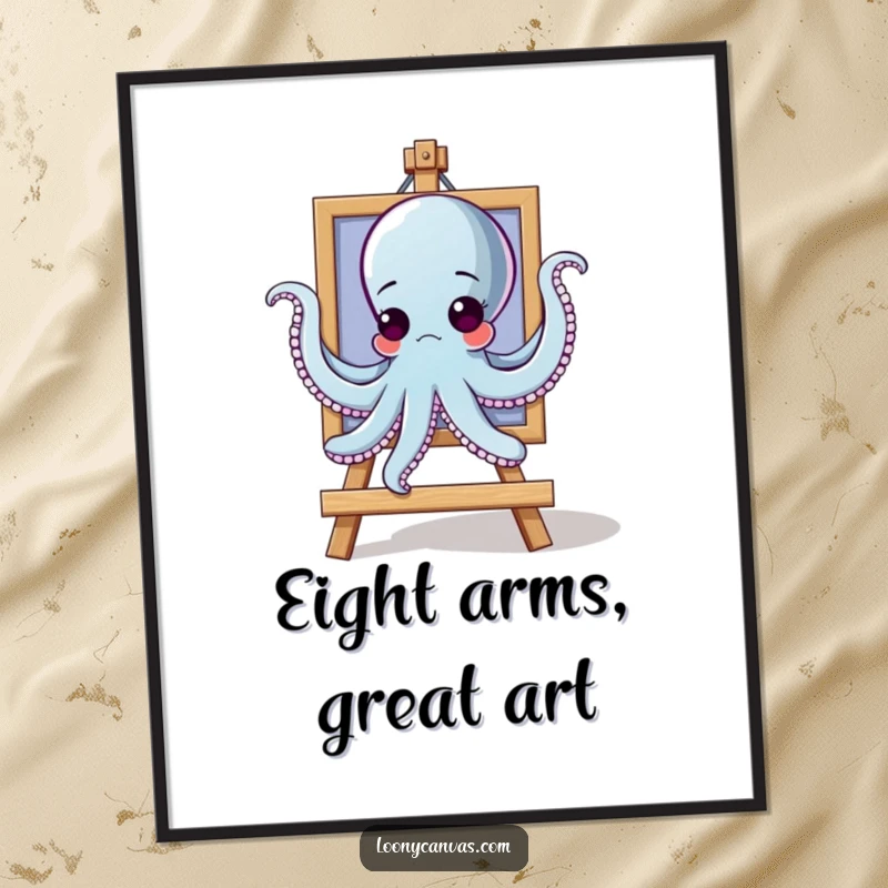 Funny goofy octopus character trying to hang a painting with all arms, as a digital art print for decor.
