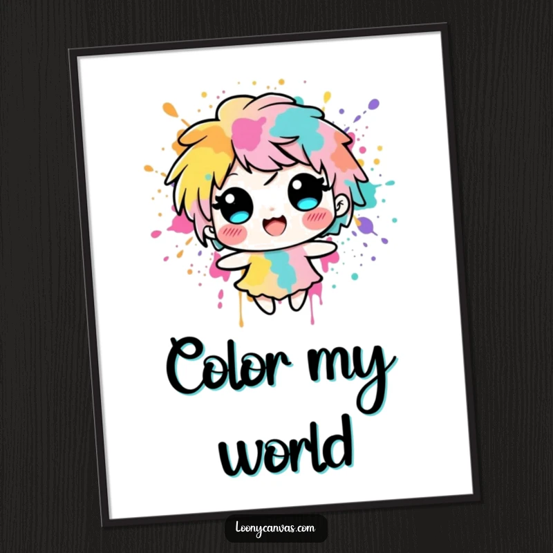 Funny delighted ink blot character splashing with vibrant colors, a digital art print symbolizing artistic fun.