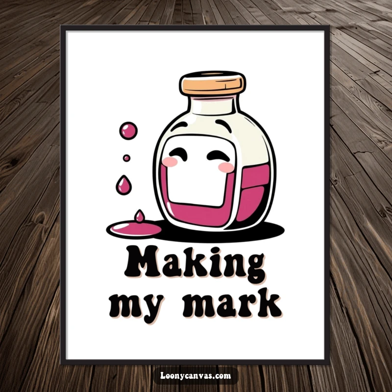 Funny giggling ink bottle character spilling tiny drops of ink with a mischievous wink in a digital art print, showcasing artistic humor.