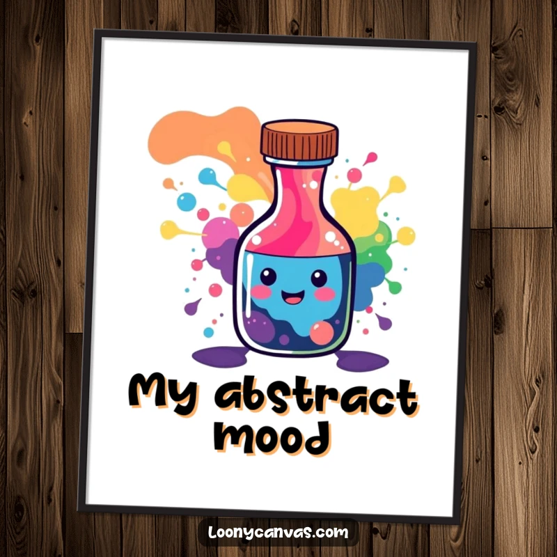 Funny digital art print of a happy ink bottle character spilling a vibrant, abstract rainbow of colorful patterns.