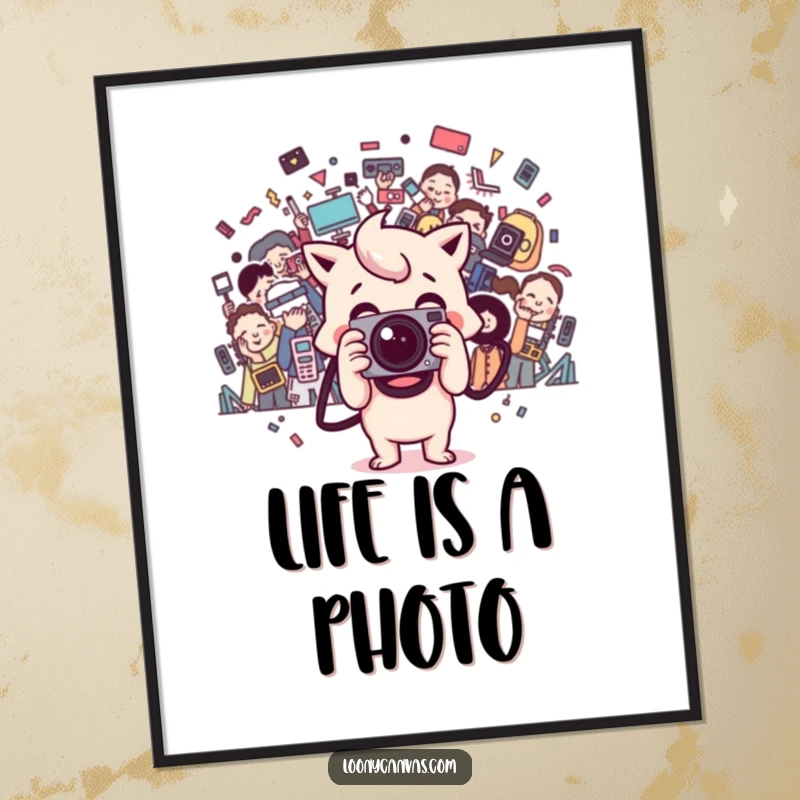 Funny happy Kawaii camera character snapping a chaotic photo, a digital art print symbolizing creative fun.
