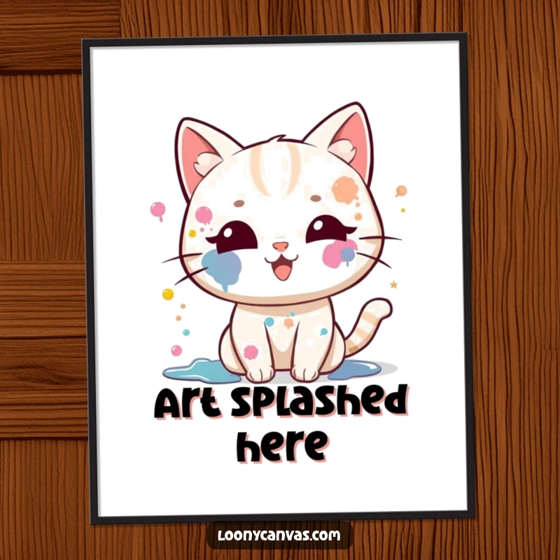 Funny kawaii cat digital art print, a cat with paint splatters on its face, gleefully splattering paint, downloadable art.
