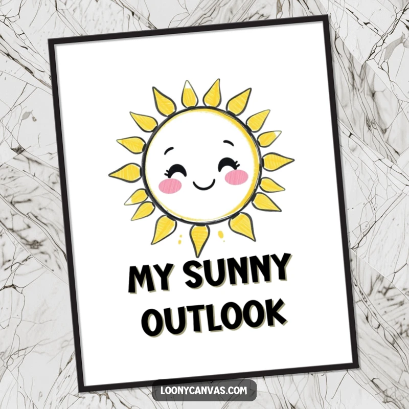 Funny kawaii chalk character drawing a wobbly, smiling sun, a high-resolution digital art print for immediate download and display.