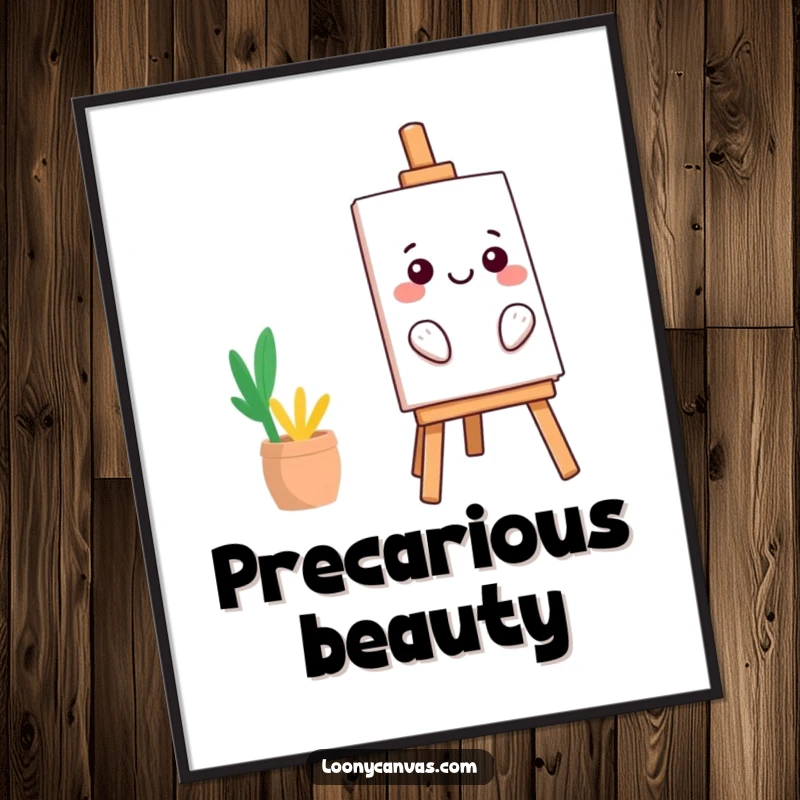 Funny kawaii easel digital art print, leaning precariously with a smile, humorous illustration, instant download, unique funny gift.