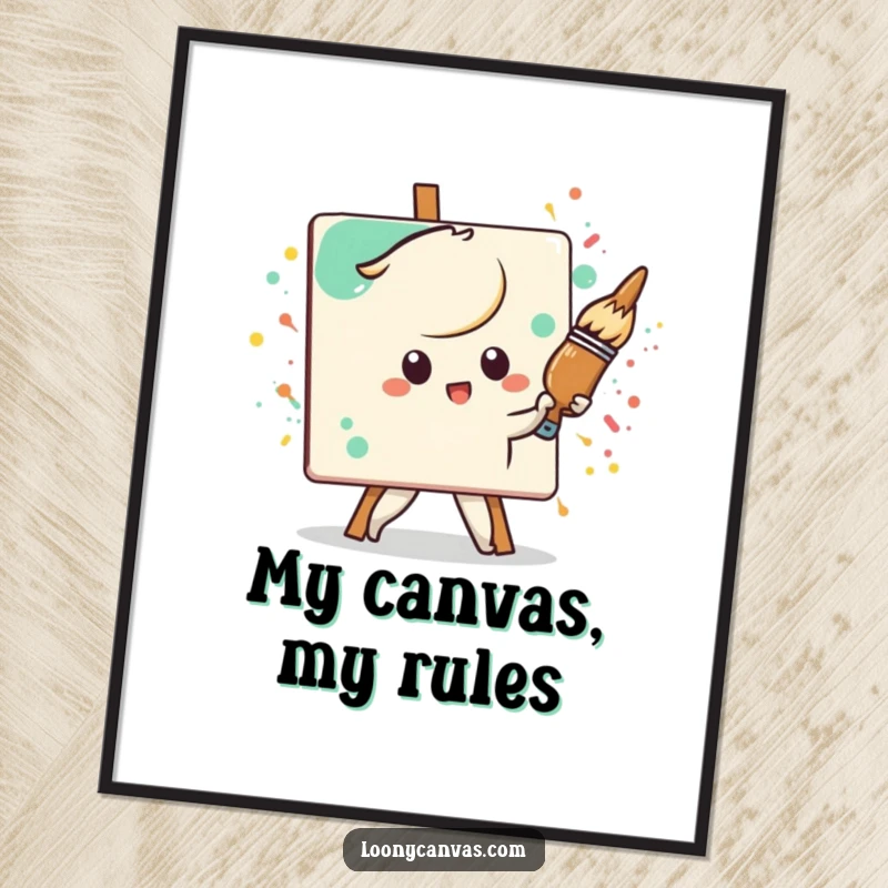 Funny Kawaii paintbrush character, determinedly painting a splattered canvas, a humorous and downloadable digital art print.