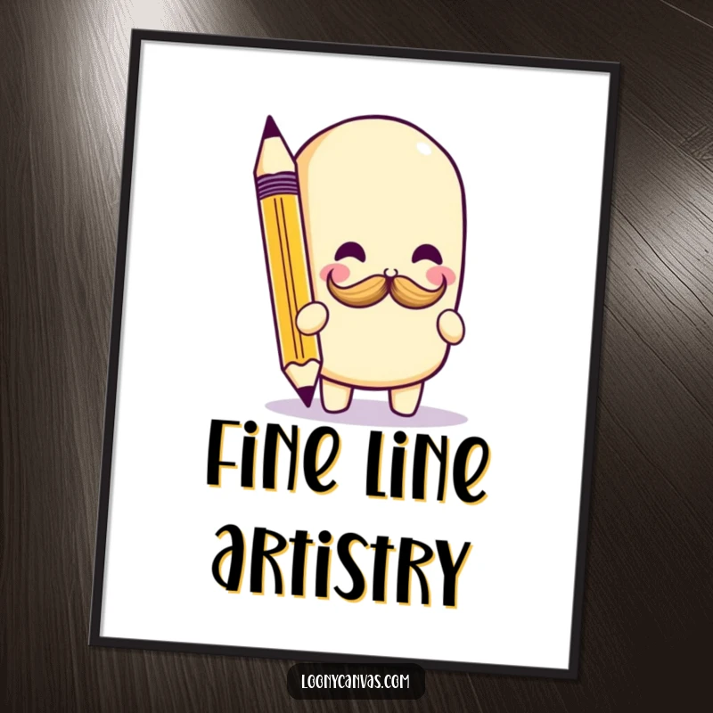 Funny kawaii pencil character drawing a tiny mustache, a high-resolution digital art print for immediate download and display.