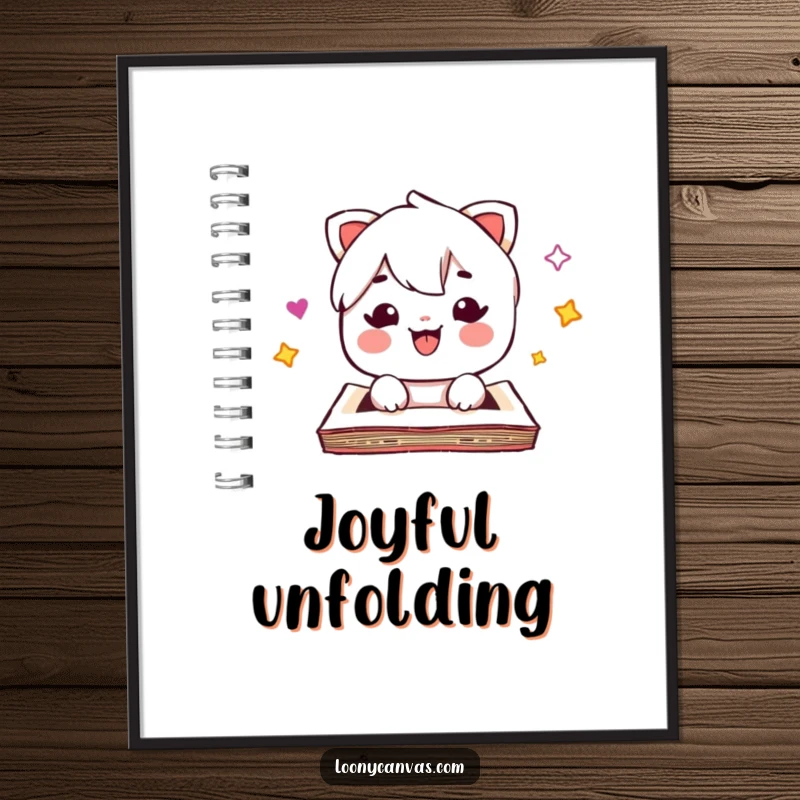 Funny kawaii sketchpad digital art print, popping open with surprise, humorous illustration, instant download, unique funny gift.