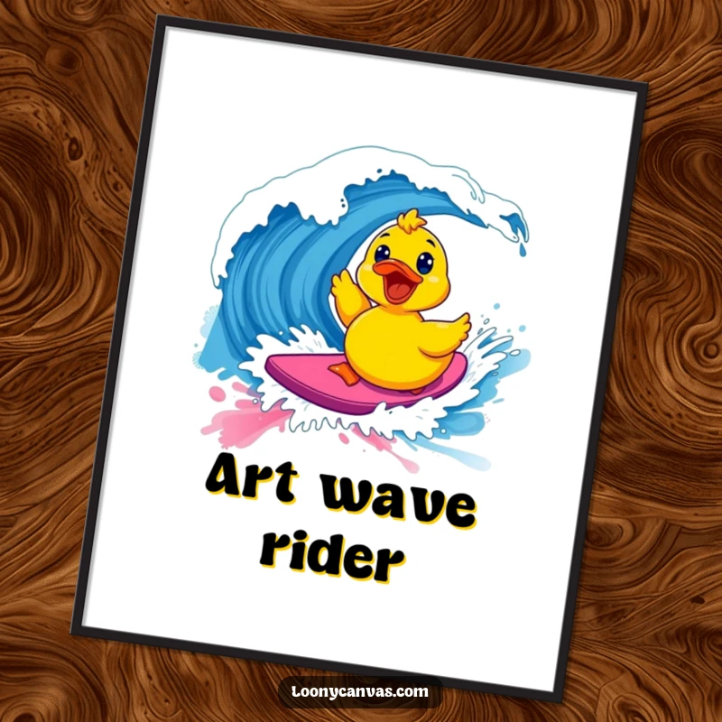 Funny kawaii excited rubber ducky surfing a vibrant paint wave, instant digital art for humorous and artistic decor.