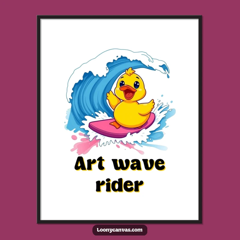 Funny Kawaii Surfing Ducky Digital Art - Paint Wave Print, Hilarious Decor Gift