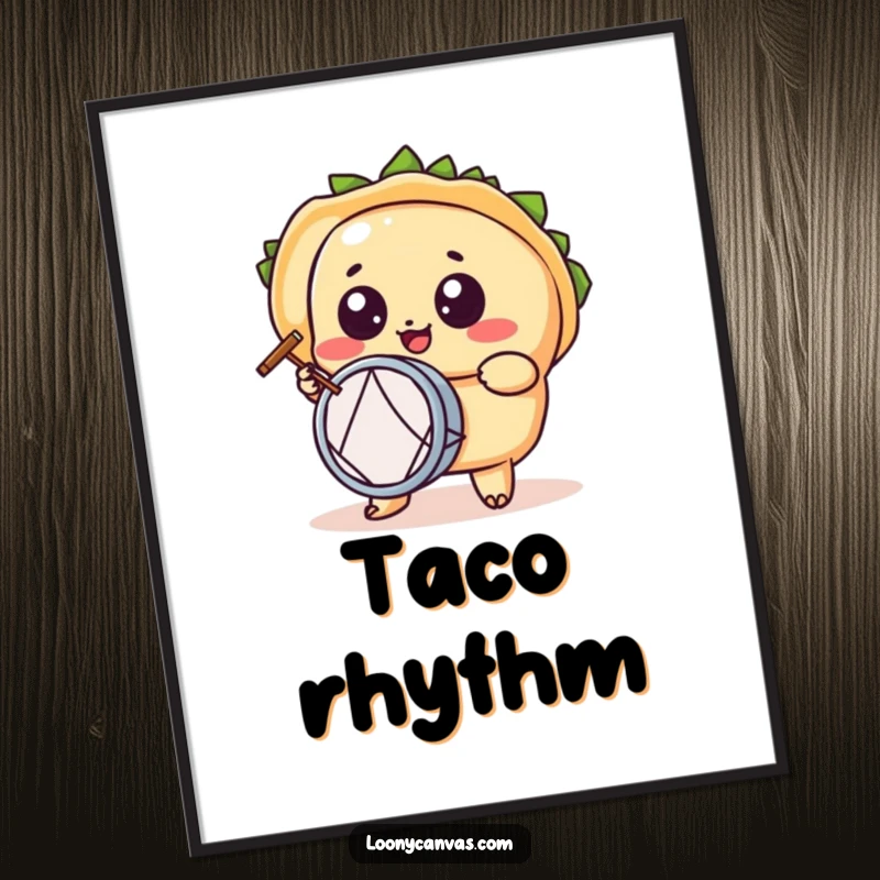 Funny kawaii taco character digital art print, a wide-eyed taco enthusiastically playing a tiny drum, downloadable art.