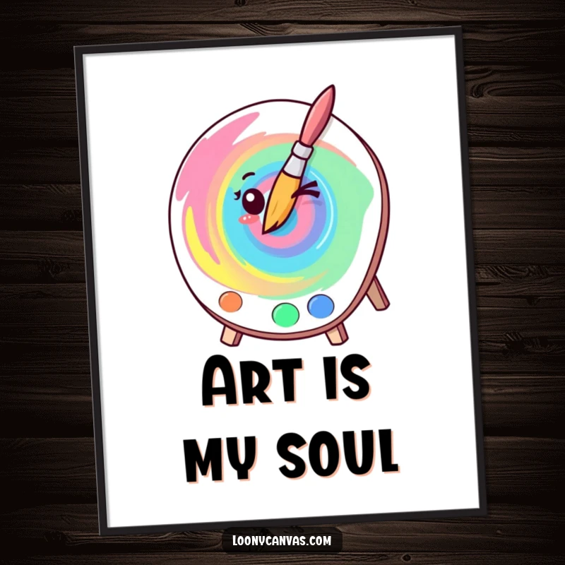 Funny kawaii winking paintbrush creating a colorful swirl, instant digital art download for humorous and artistic decor.