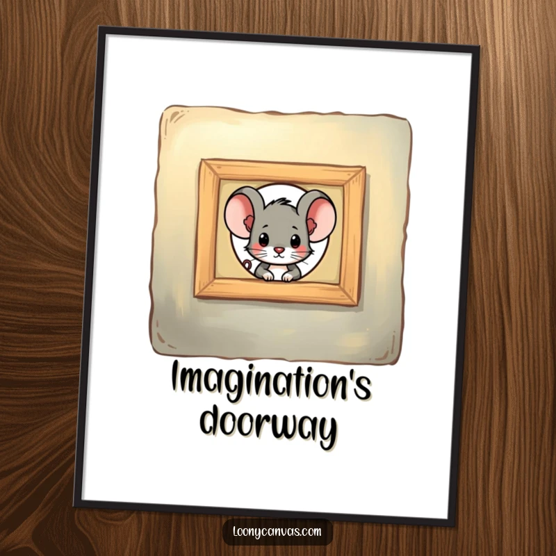 Funny mouse character peeking through a keyhole in a painting, this digital art print brings humor and mystery instantly.