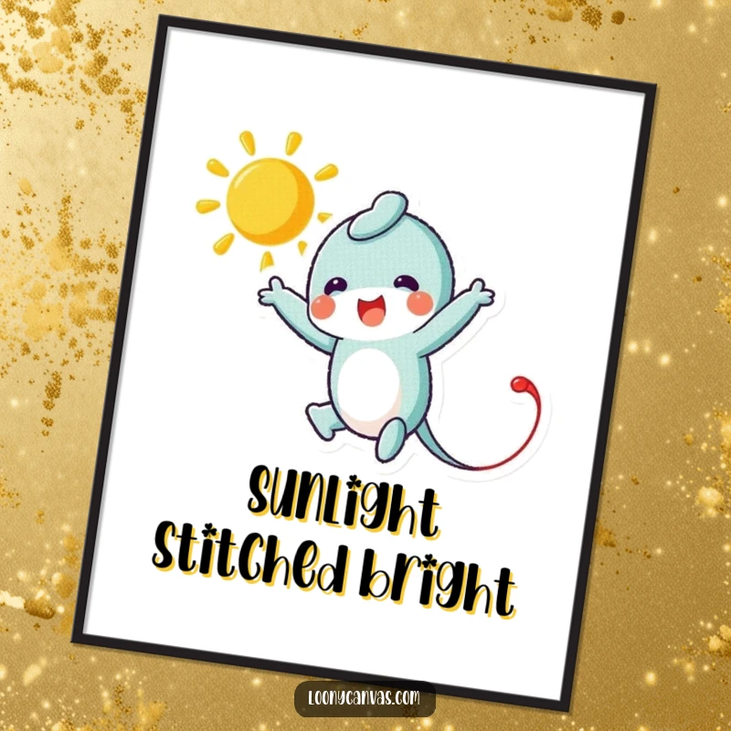 Funny digital art print of a leaping needle character stitching a bright sun, ideal for humorous crafty decor and instant download.