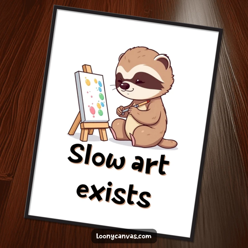 Funny playful sloth character slowly dabbing paint onto a tiny canvas, as a digital art print for decor.