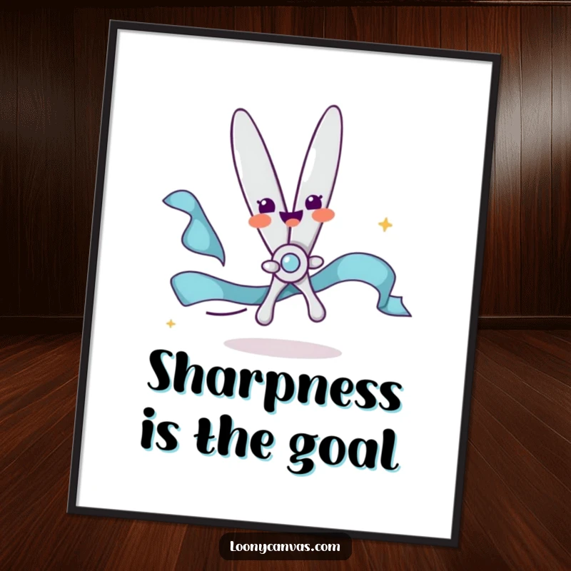 Funny digital art print of a delighted scissors character happily snipping a flowing ribbon, adding instant cheer and personality to any room.