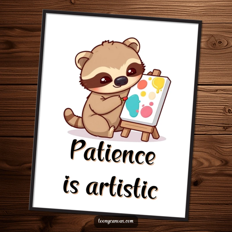 Funny digital art print of a playful sloth character slowly painting on a tiny canvas, high-res and humorous.