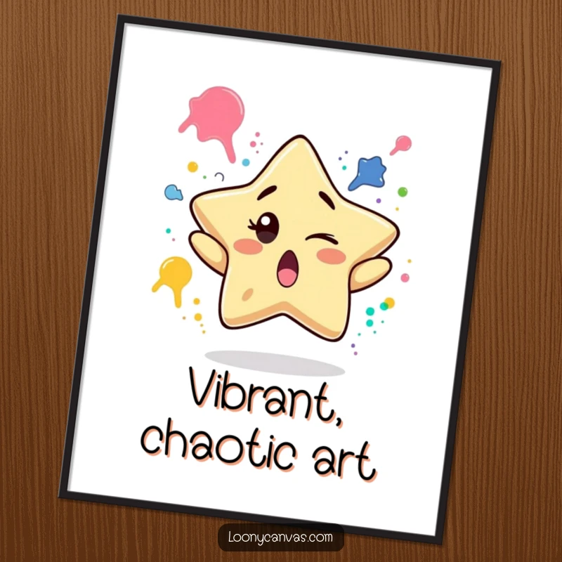Funny digital art print of a surprised star character winking while juggling paint splatters, providing instant artistic humor and vibrant charm.