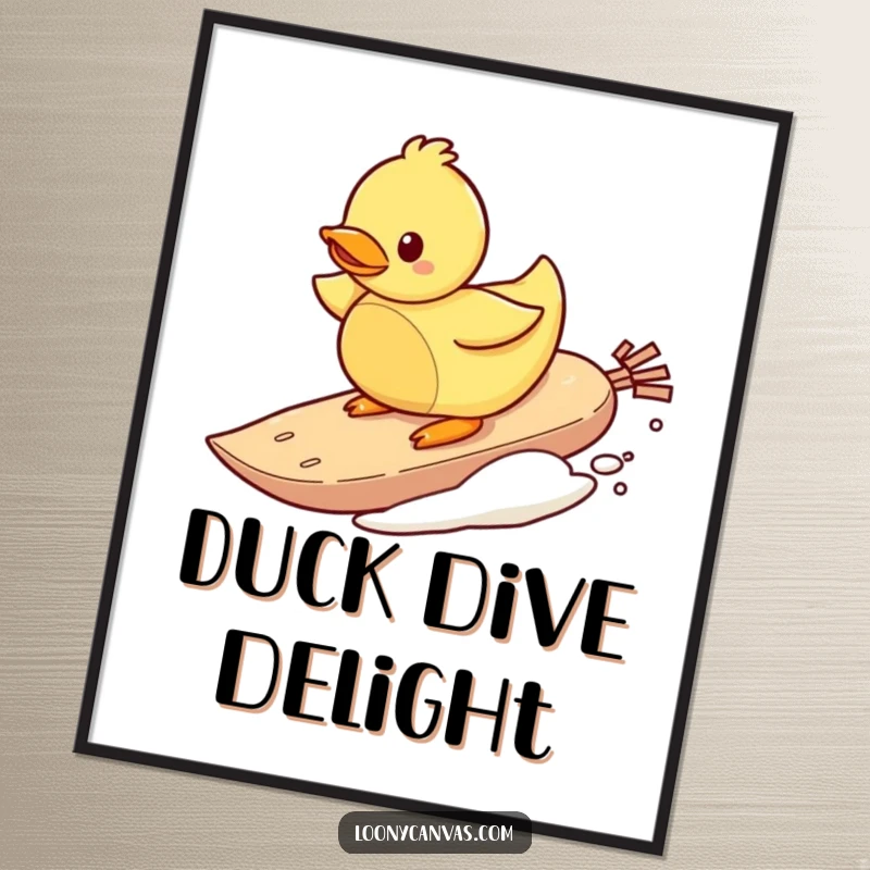 Funny digital art print of a playful rubber ducky character surfing on a teabag, conveying whimsical water humor.