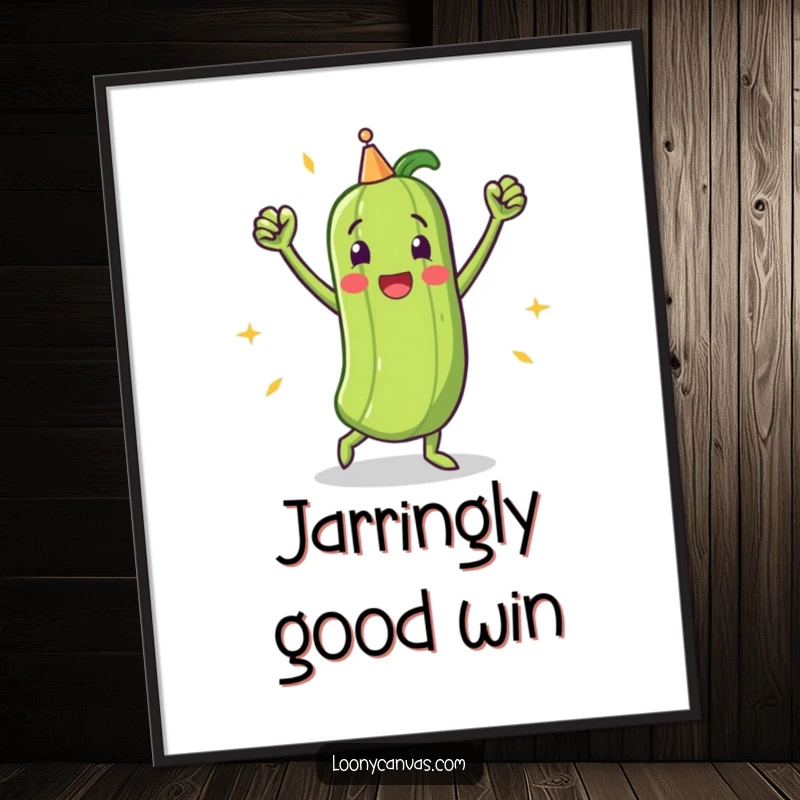 Funny digital art print of a triumphant pickle character performing an energetic victory dance, radiating pure success and happiness.