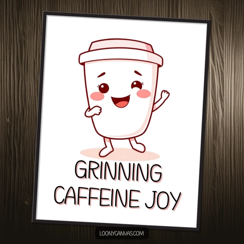 Funny kawaii coffee cup character dancing a spirited jig, available for instant download. A vibrant and funny digital print.