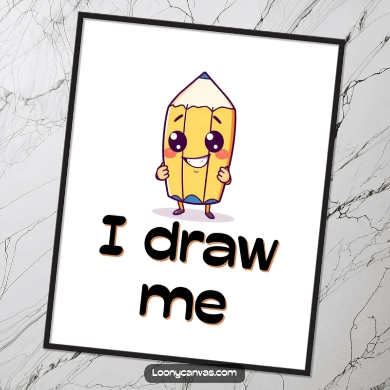 Funny cheeky pencil character with a goofy grin drawing itself in a digital art print, showcasing artistic humor and personality.
