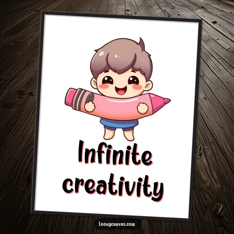 Funny giant crayon digital art, a happy character holding a comically large crayon. Instant downloadable art.