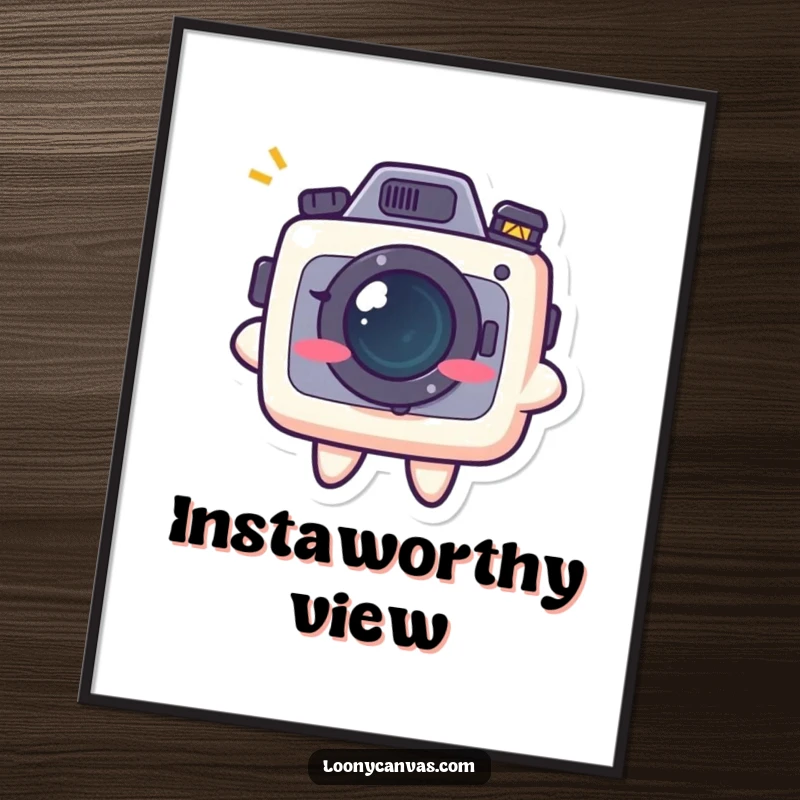 Funny kawaii camera character flashing a mischievous grin, a high-resolution digital art print for immediate download and display.