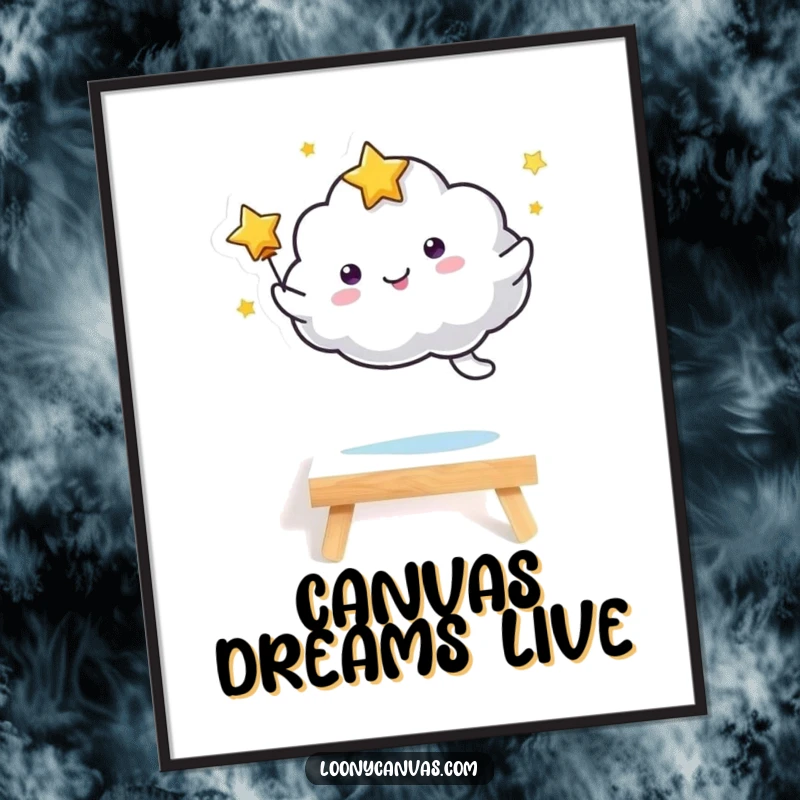 Funny kawaii starry cloud character joyfully leaping over a tiny canvas, available as an instant download. A delightful funny digital print.
