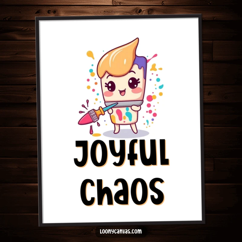 Kawaii paintbrush character splattering vibrant paint with manic glee, as a digital art print.