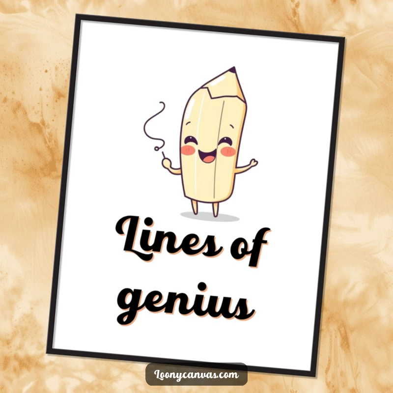 Funny digital art print of a playful pencil character drawing a spontaneous squiggle with a cheerful flourish, adding artistic charm.