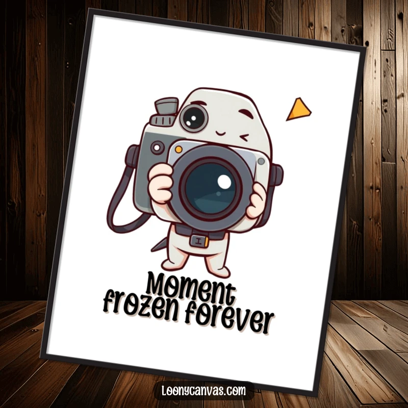 Funny digital art print of a delighted camera character freezing a fleeting, bizarre, and humorous moment with its lens.
