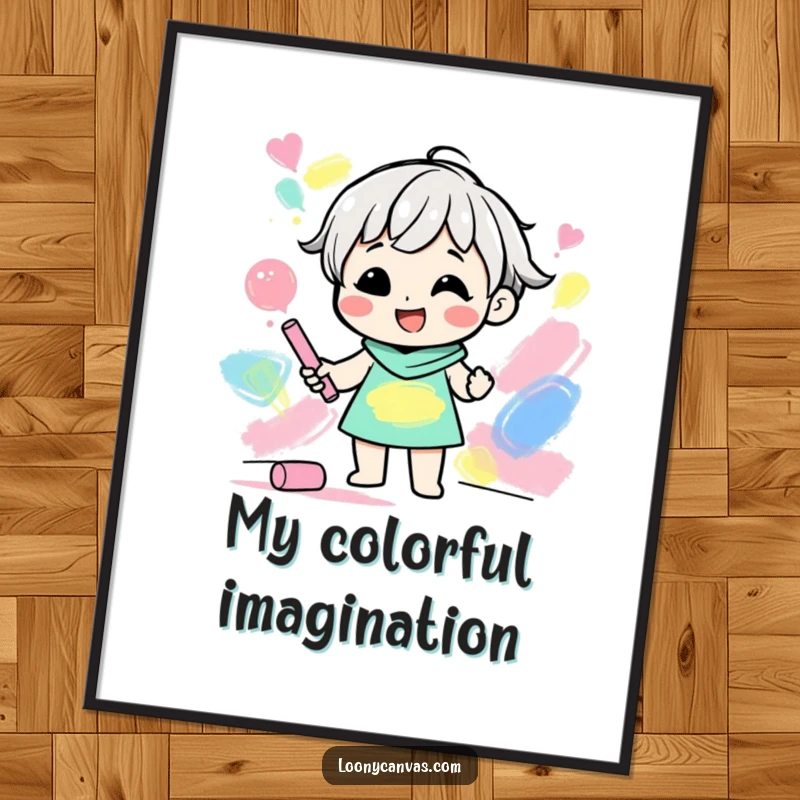 Funny digital art print of a gleeful character creating abstract shapes with colorful chalk, celebrating art and joy.