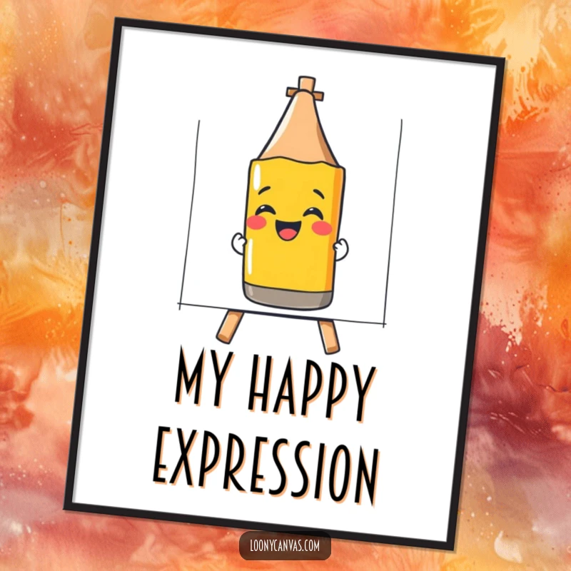 Funny digital art print of a giggling crayon drawing a smiley face, capturing pure artistic joy and cheer.
