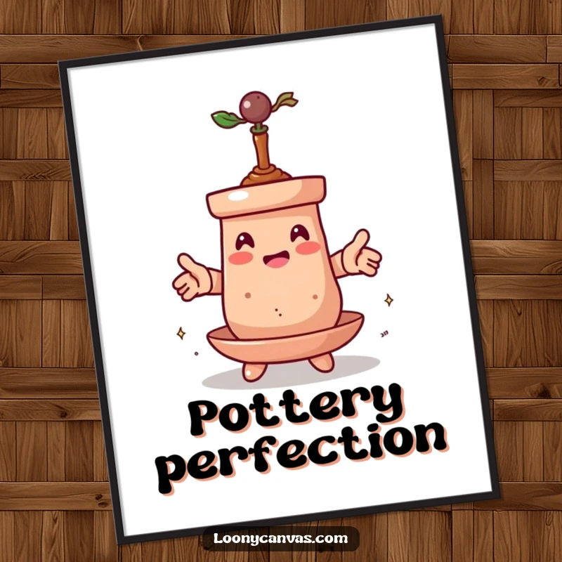 Funny digital art print of a spinning clay pot character transforming itself, ideal for humorous artistic decor and instant download.