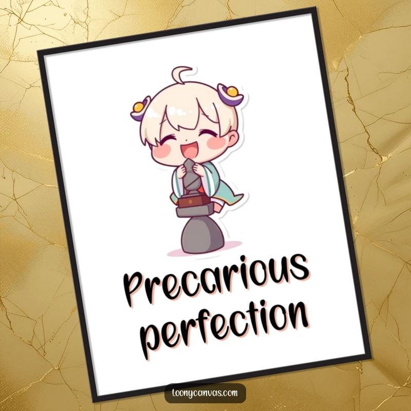 Funny digital art print of a delighted character attempting to balance a tiny sculpture, conveying humorous artistic effort.