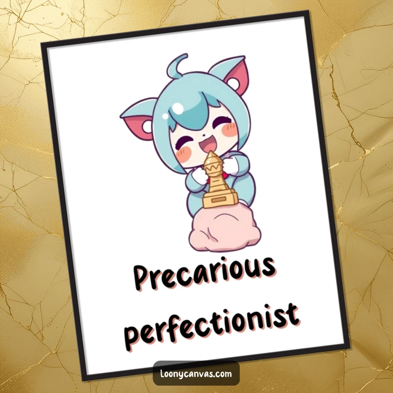 Funny digital art print featuring a delighted character intently balancing a miniature sculpture, providing humorous wall decor.