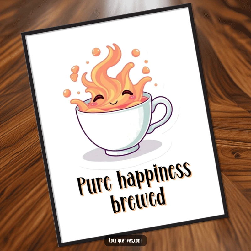 Funny kawaii giggling teacup with vibrant tea overflowing, instant digital art for humorous and cheerful decor.