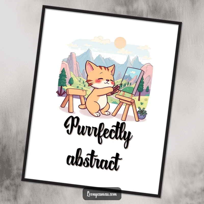 Funny digital art print of a frantic cat artist intensely painting a surreal and imaginative landscape, full of creative energy.