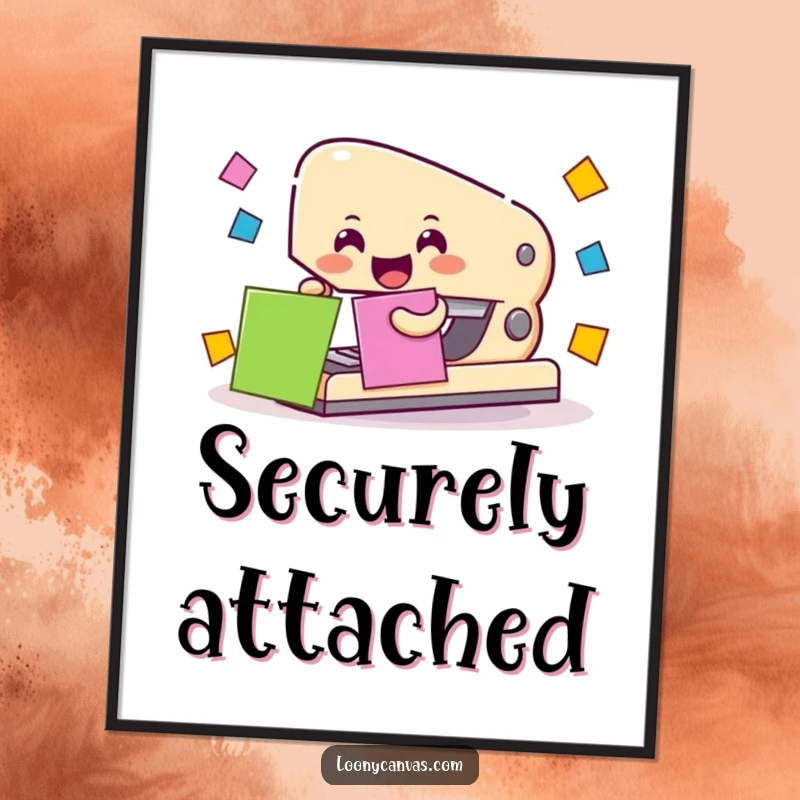 Cheerful stapler character attaching colorful paper squares, as a digital art print.