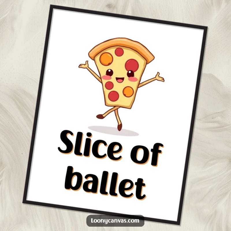 Funny kawaii pizza slice digital art print, a smiling pizza slice enthusiastically doing a ballet pirouette, downloadable art.