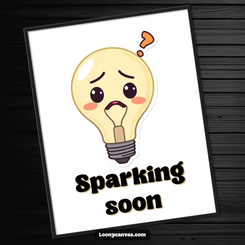 Funny confused lightbulb digital art print, a character with a question mark, symbolizing thought and humor, for immediate wall decor.