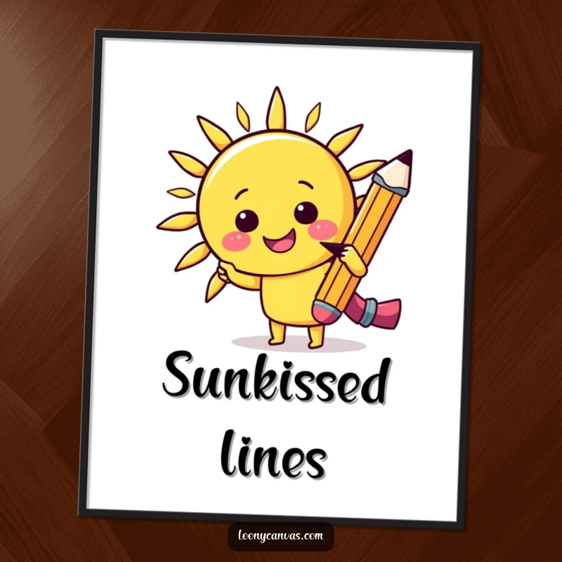 Funny kawaii cheerful pencil sketching a smiling sun, instant digital art for humorous and artistic decor.