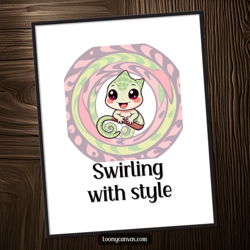 Funny digital art print of a cheerful chameleon blending into a swirling pattern, ideal for humorous adaptable decor and instant download.