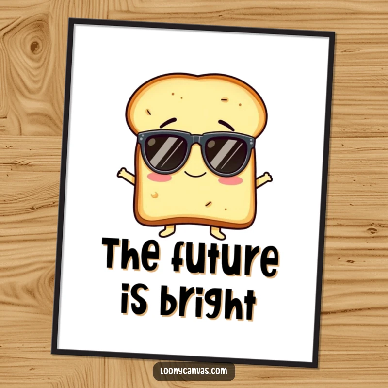 Funny digital art print of a giggling slice of toast character humorously wearing oversized sunglasses, exuding infectious joy and personality.