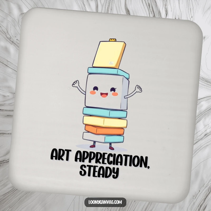 Funny drink coaster featuring a cheerful cube character enthusiastically balancing a stack of wobbling canvases, offering humorous artistic flair.