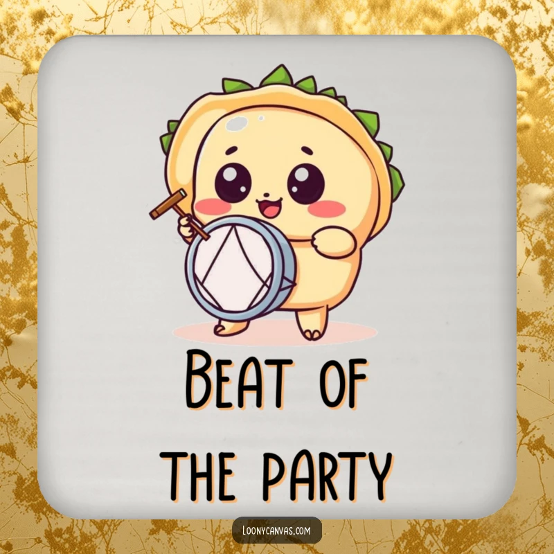 Funny kawaii taco character coasters, a wide-eyed taco playing a tiny drum, protecting surfaces with festive style.