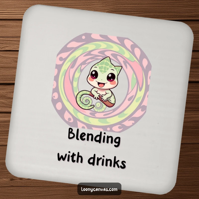 Funny drink coaster featuring a cheerful chameleon blending into a swirling pattern, designed to protect surfaces with adaptable, humorous flair.