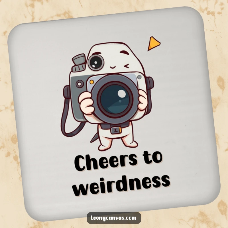 Funny coaster featuring a delighted camera character snapping a photo of a strange and funny event.