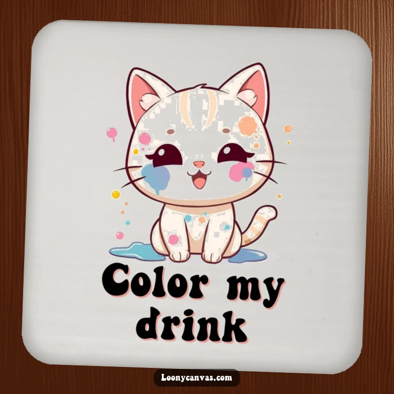 Funny kawaii cat coasters, a paint-splattered cat gleefully splattering paint, protecting surfaces with artistic style.