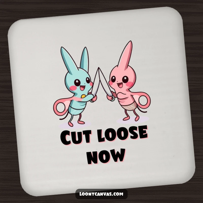 Funny drink coasters set showing two playful scissors characters locked in a friendly cutting duel.